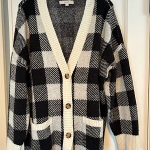 LOFT Cream and Black Checkered Cardigan